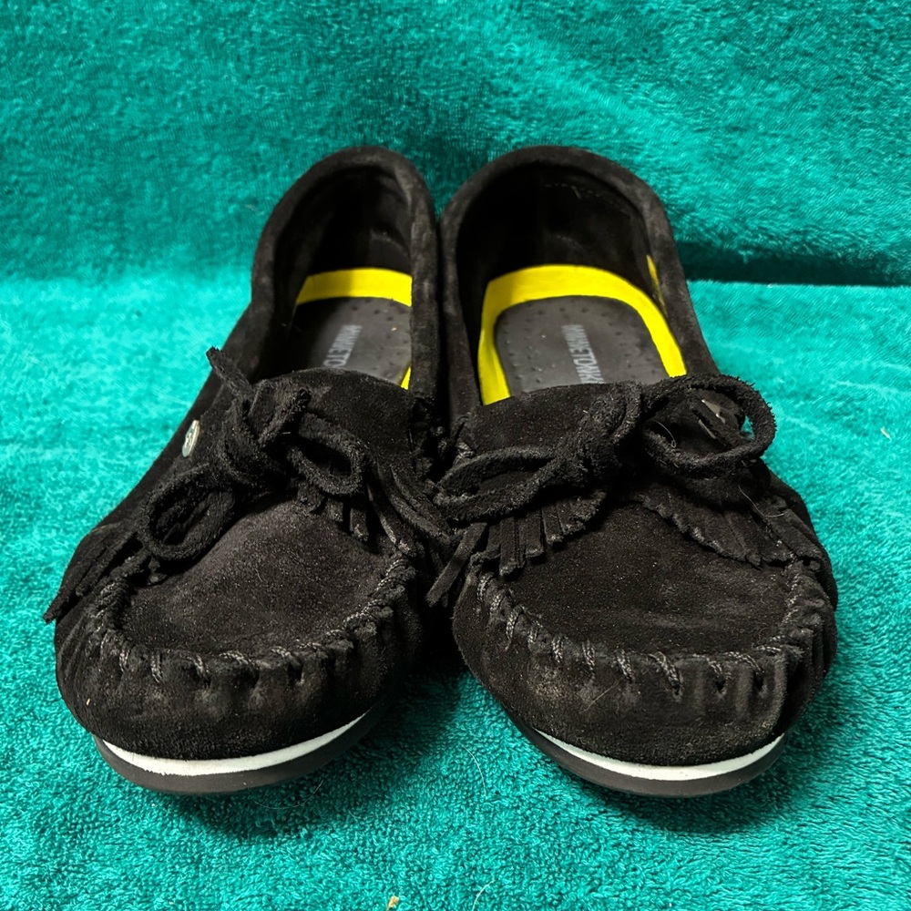 Black Suede Moccasin Loafers with Fringe
